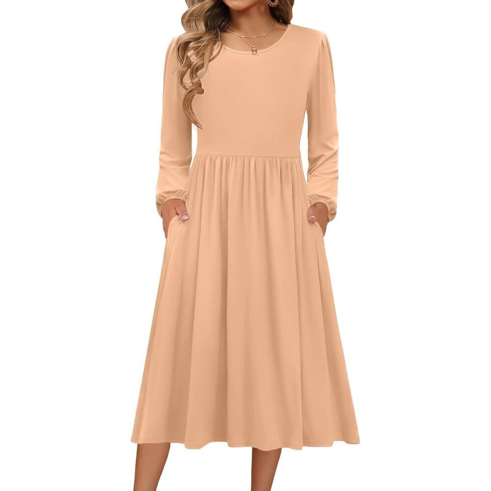 Zeagoo Women Camel Long Sleeve Flowy A-Line Boho Long Dress with Pockets
